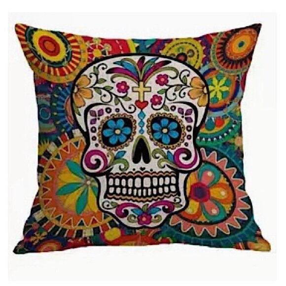 Sugar Skull Pillow Cover Cotton Linen Square 18 x 18 inch Vibrant Multicolor - Picture 7 of 7